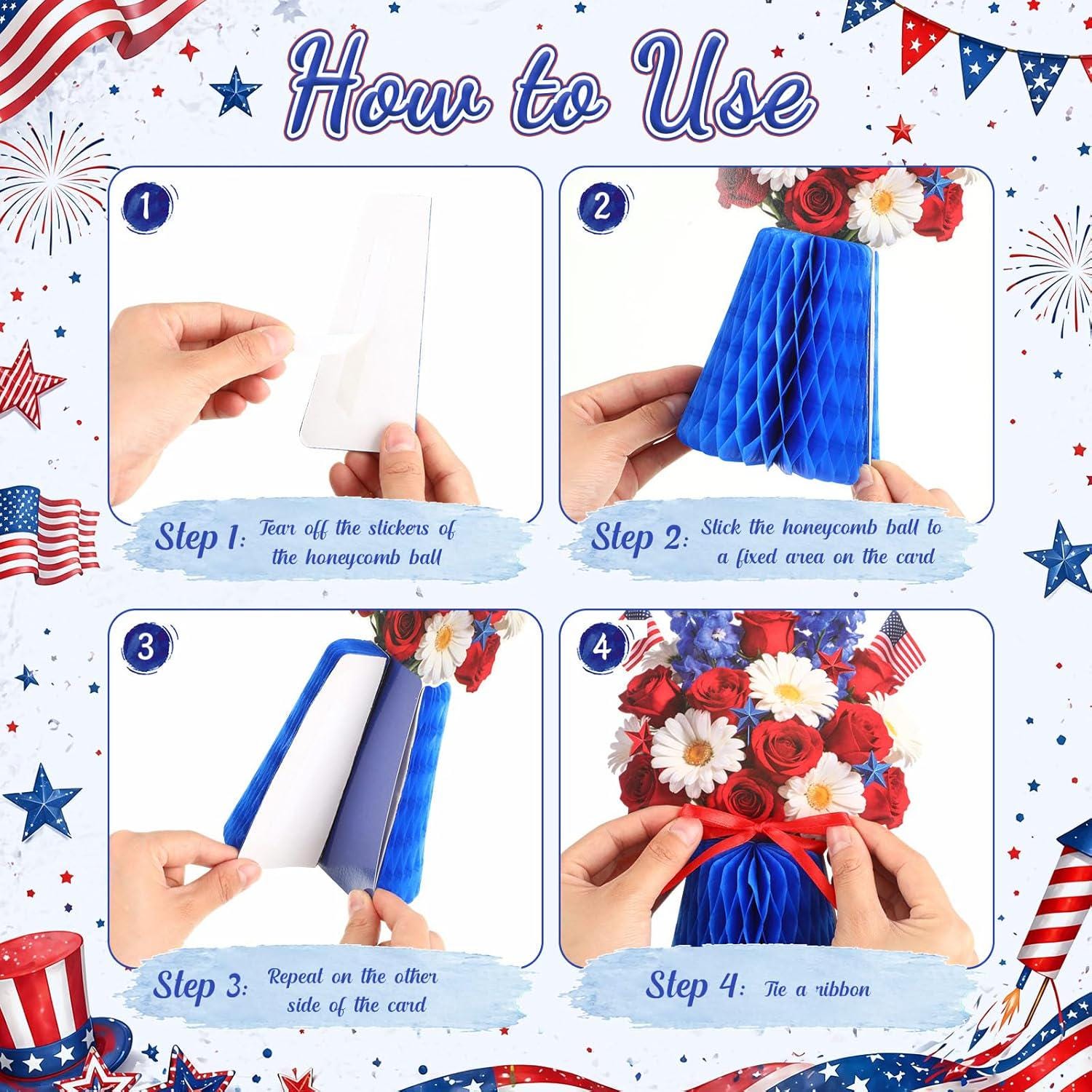 Patriotic Honeycomb Centerpieces | Red White Blue Rose American Flag Table Decor