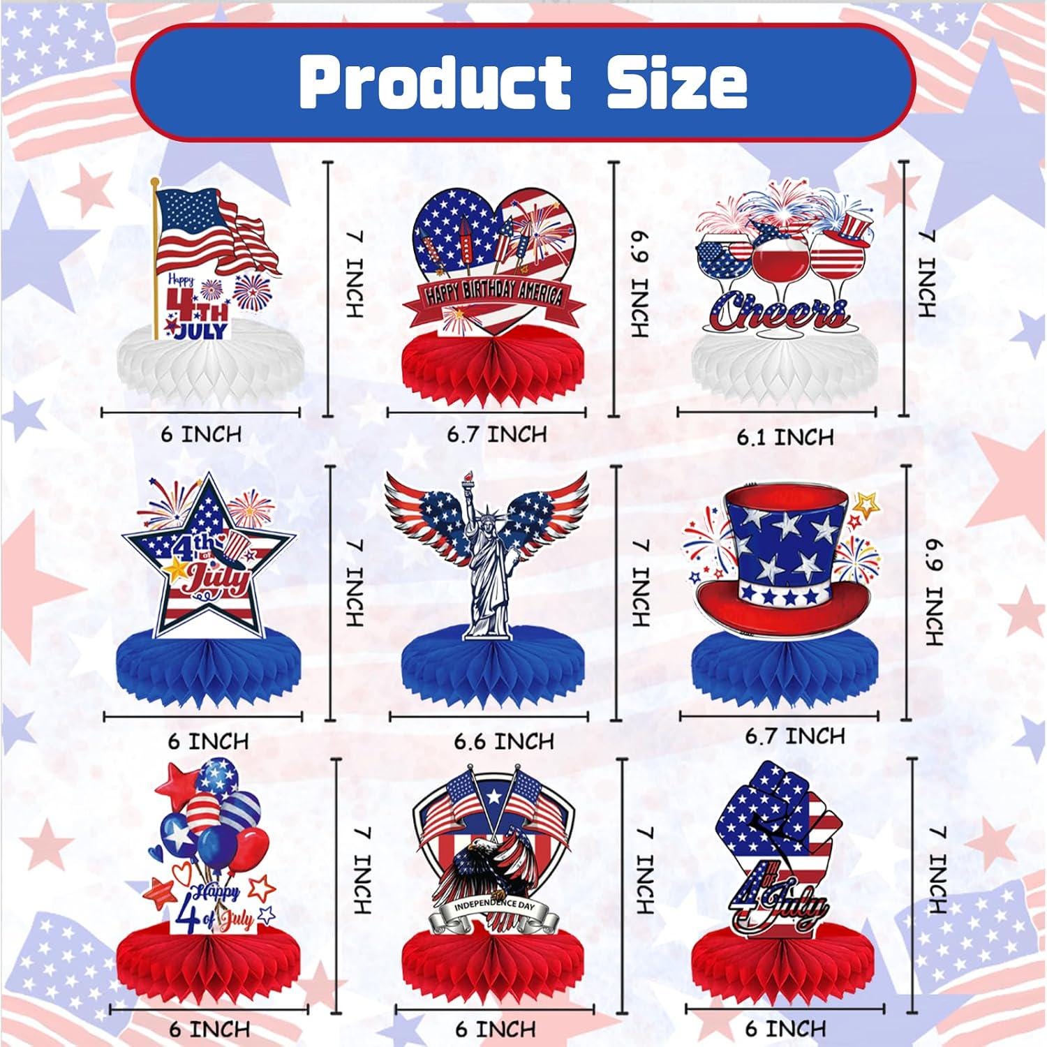 9 Pcs Patriotic Honeycomb Centerpieces | American Flag Liberty Fireworks Table Decor | 4th of July Decorations