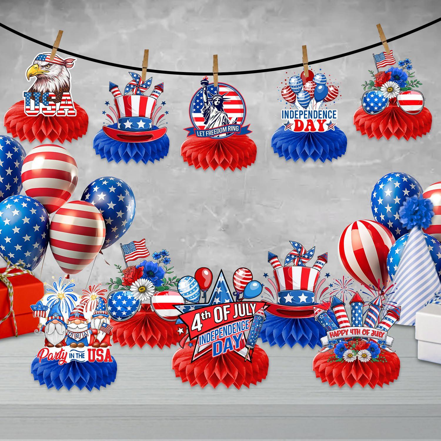 9 Pcs Patriotic Honeycomb Centerpieces | 4th of July Independence Day Table Decor