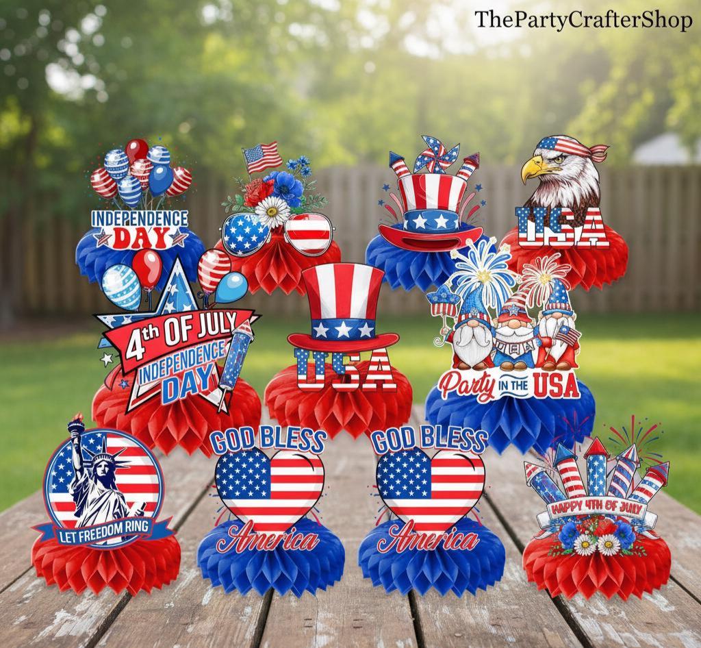 9 Pcs Patriotic Honeycomb Centerpieces | 4th of July Independence Day Table Decor