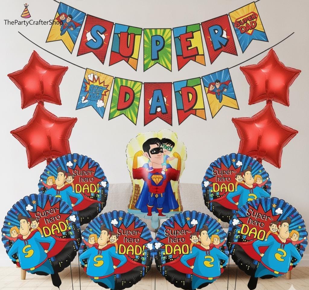 10PCS Super Dad Father's Day Balloon Kit Banner Superhero Theme Party Decorations for Dad