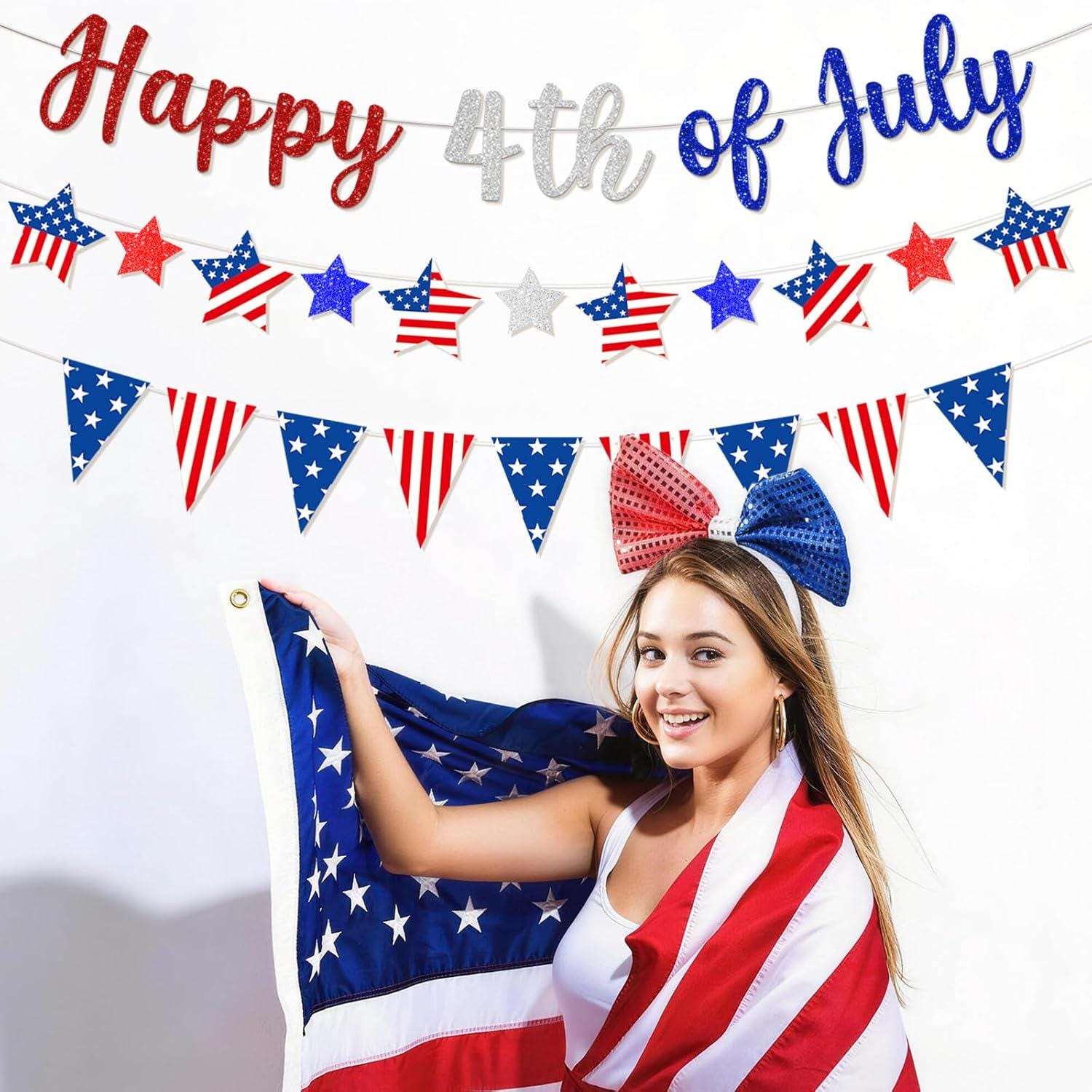 Happy 4th of July Patriotic Banner Garland Red White Blue USA Flag Party Decorations