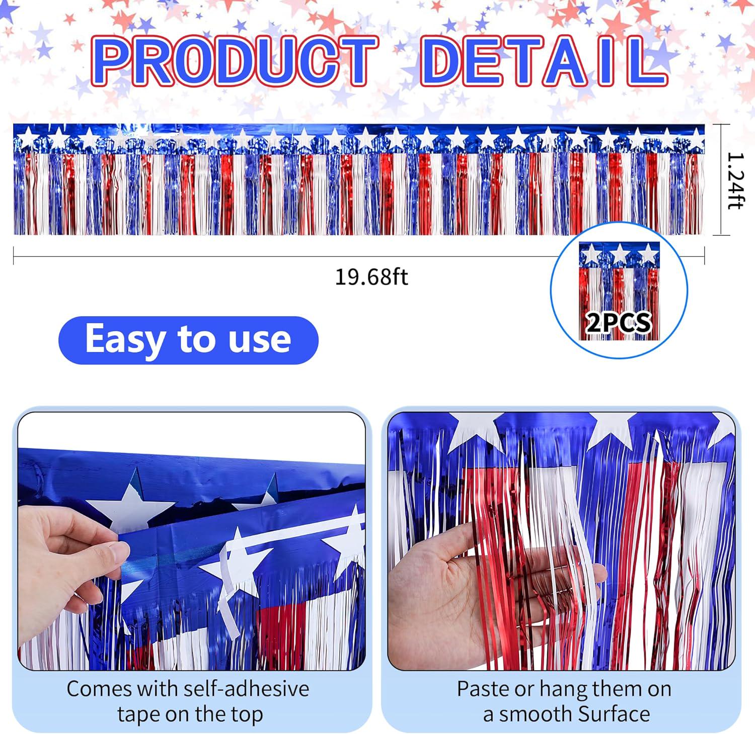 Patriotic Foil Fringe Garland: Red, White, Blue Tinsel Banner (2 Pack)