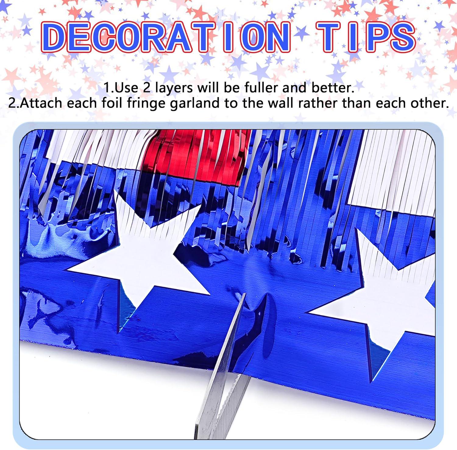 Patriotic Foil Fringe Garland: Red, White, Blue Tinsel Banner (2 Pack)
