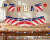 Patriotic Burlap Banner Garland: USA Flag, Red White Blue Stars (4 Pack)