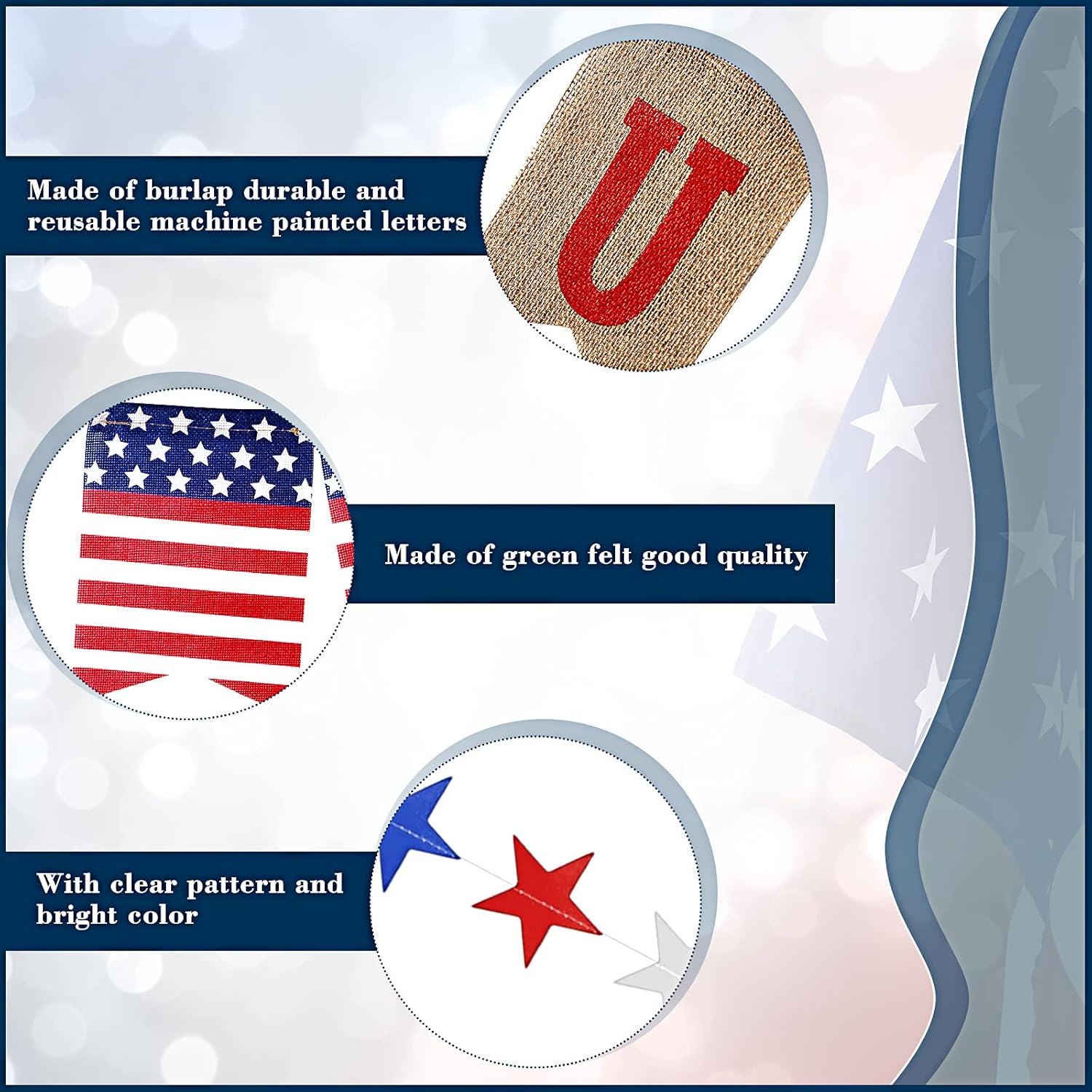 Patriotic Burlap Banner Garland: USA Flag, Red White Blue Stars (4 Pack)