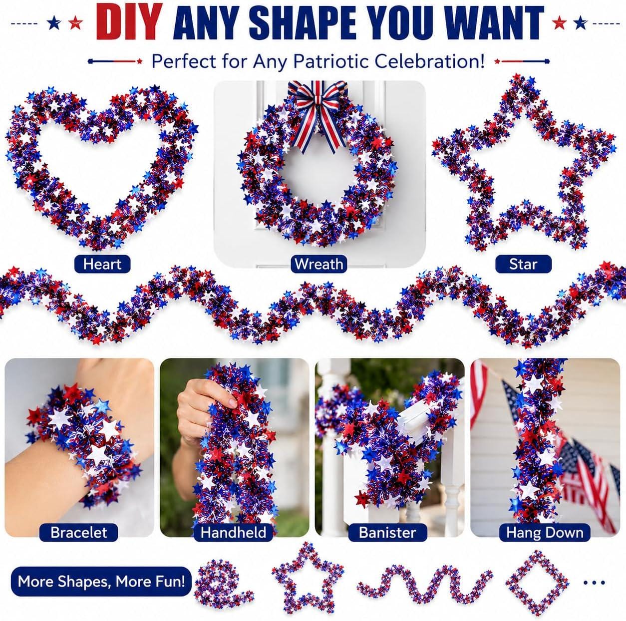 39.5FT Patriotic Glitter Tinsel Garland Red White Blue Star Banner 4th of July Decorations