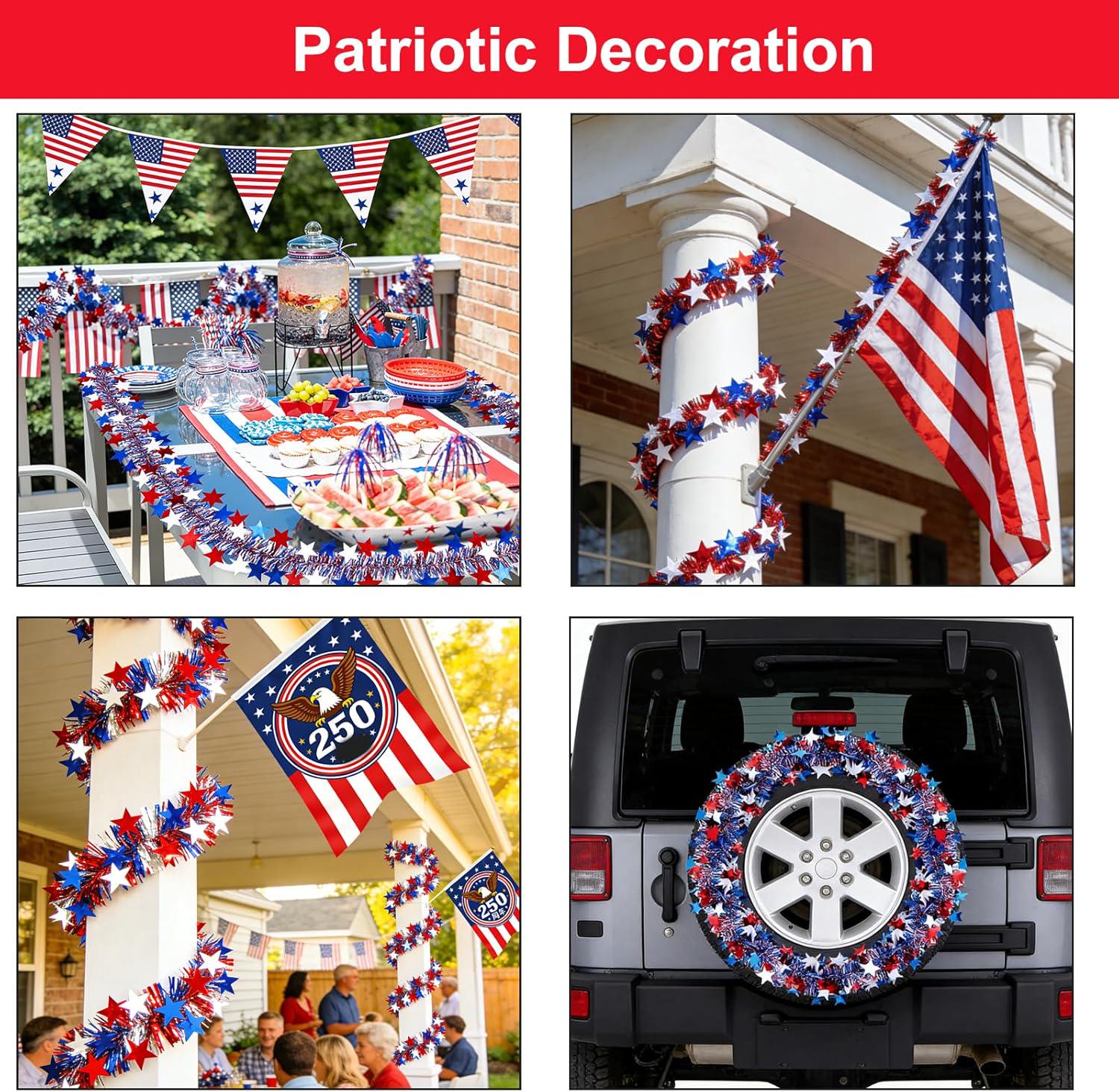 39.5FT Patriotic Glitter Tinsel Garland Red White Blue Star Banner 4th of July Decorations
