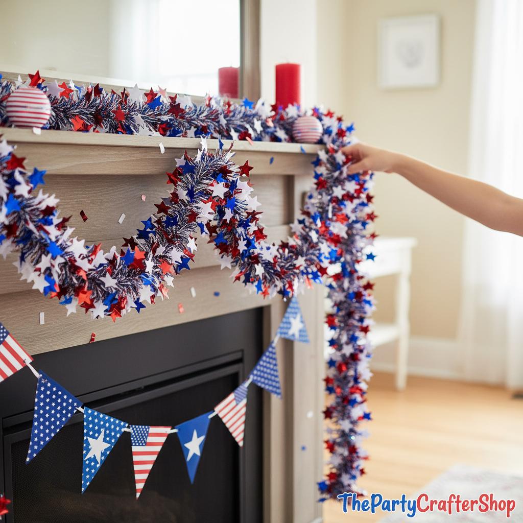 39.5FT Patriotic Glitter Tinsel Garland Red White Blue Star Banner 4th of July Decorations