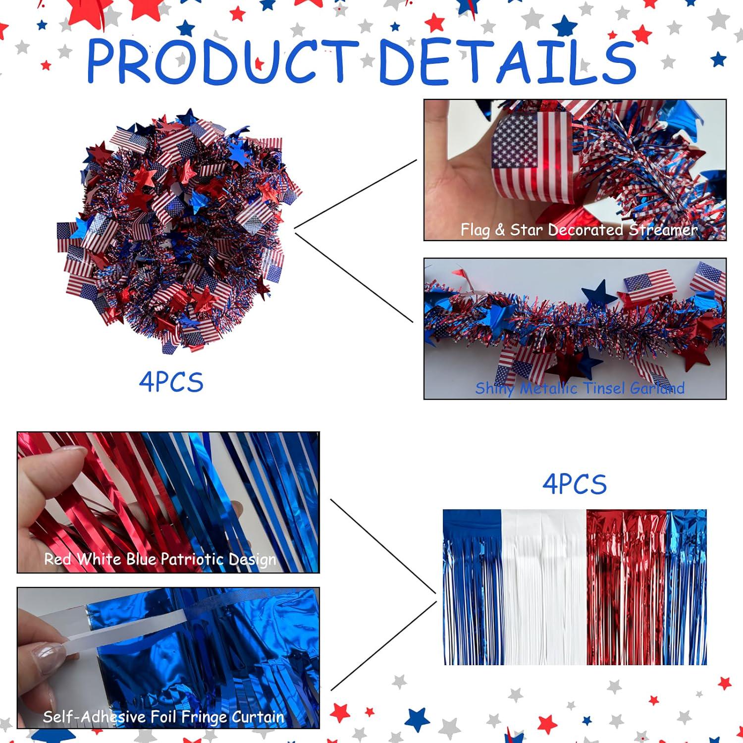 8PC Patriotic Foil Fringe Garland: Red, White, Blue Tinsel Decoration Set