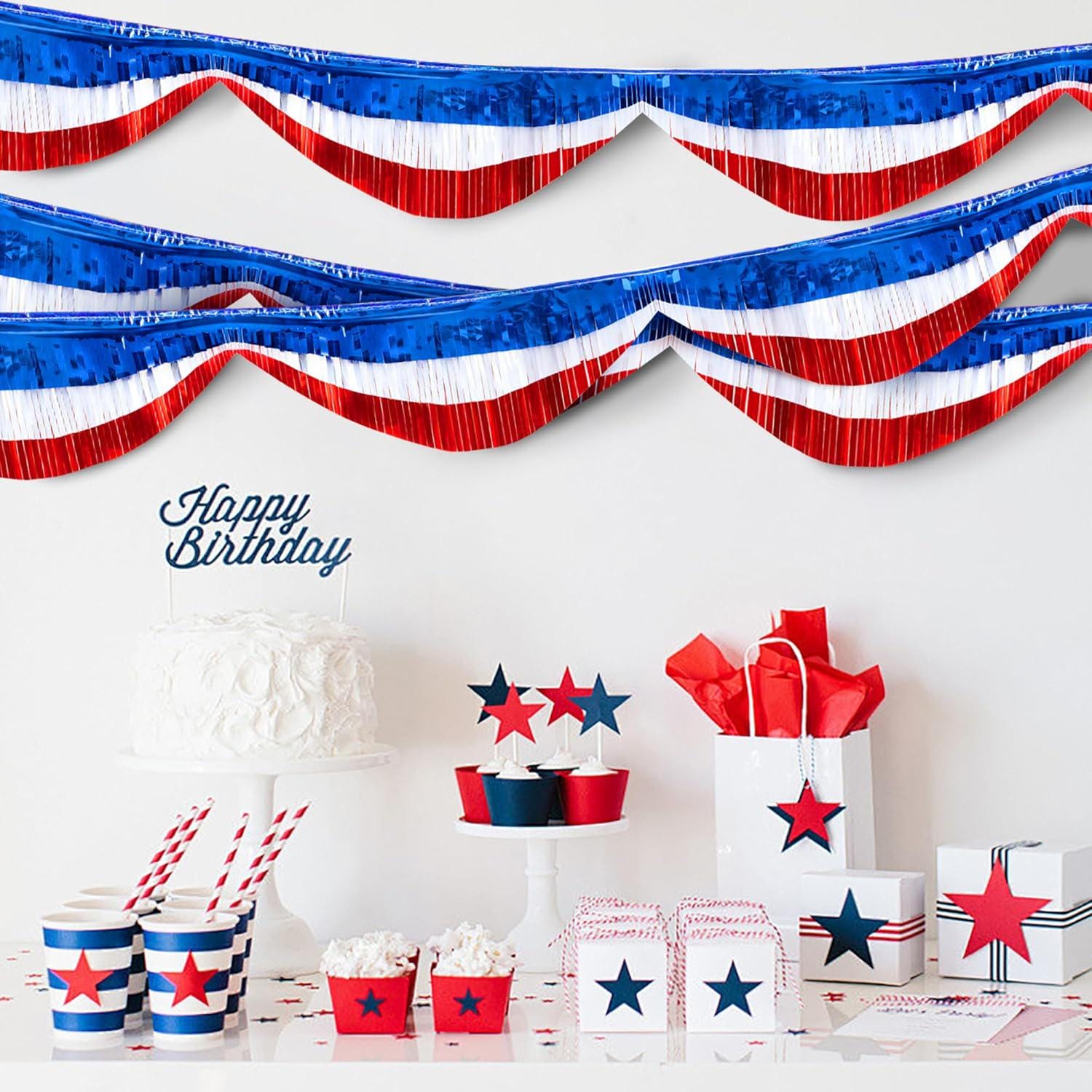 Patriotic Foil Fringe Garland: Red, White, Blue Tinsel Streamers for 4th July Decorations