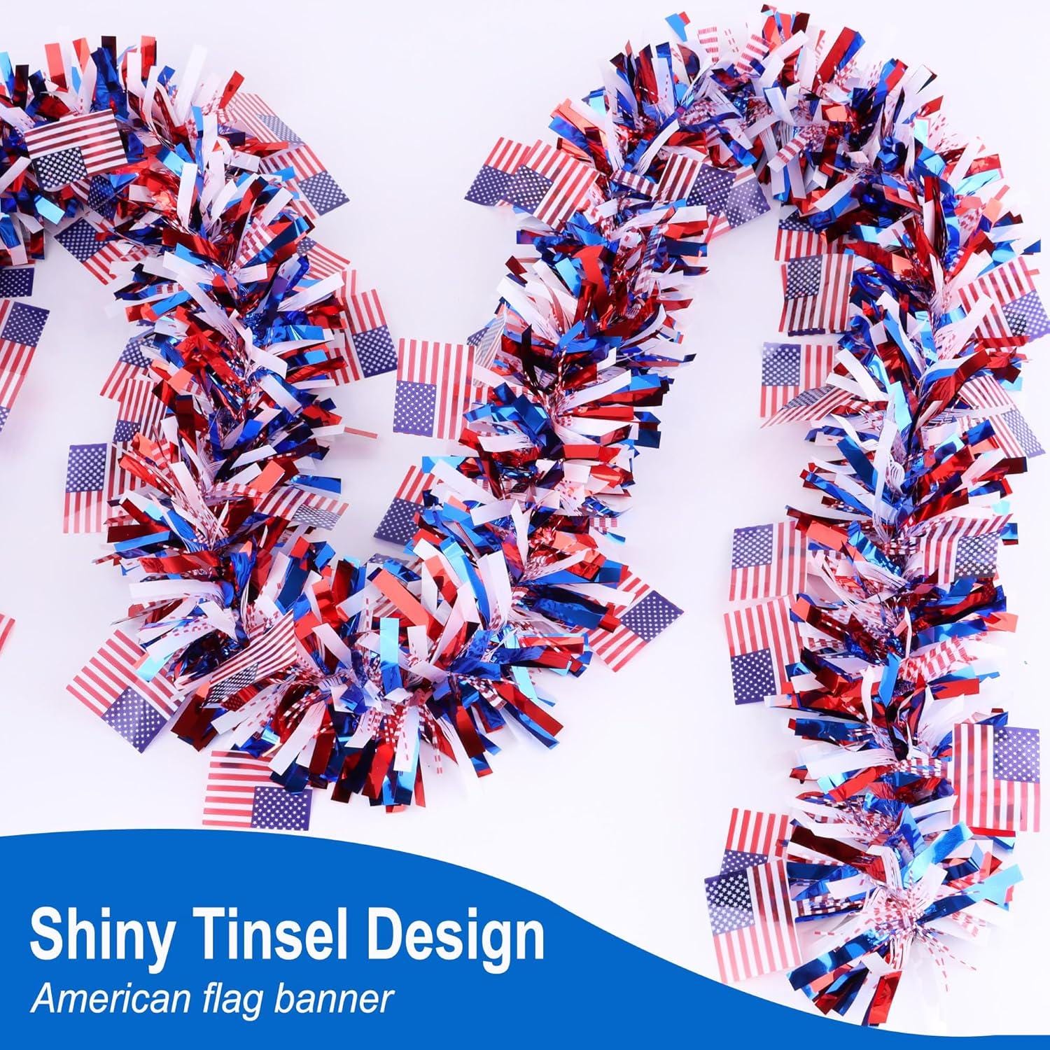 50FT Patriotic American Flag Tinsel Garland Red White Blue 4th of July Decorations