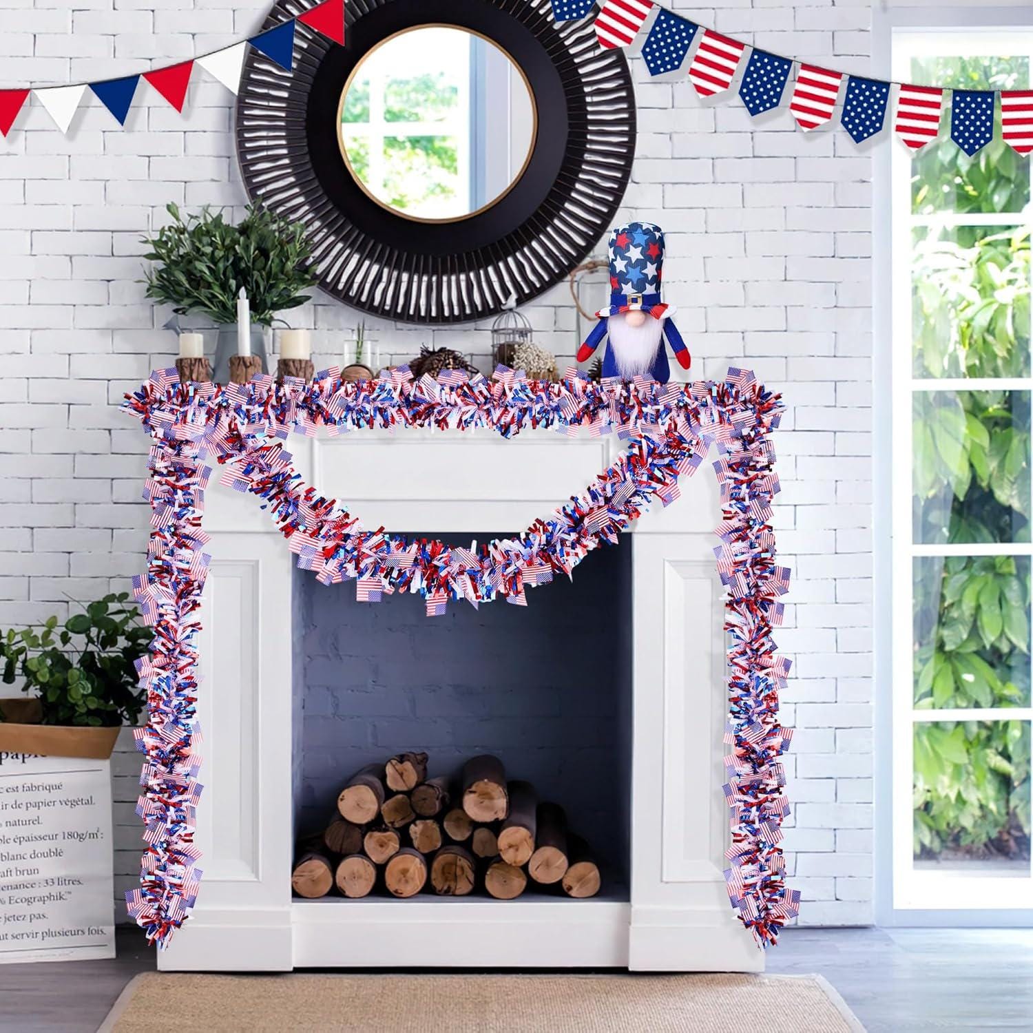 50FT Patriotic American Flag Tinsel Garland Red White Blue 4th of July Decorations