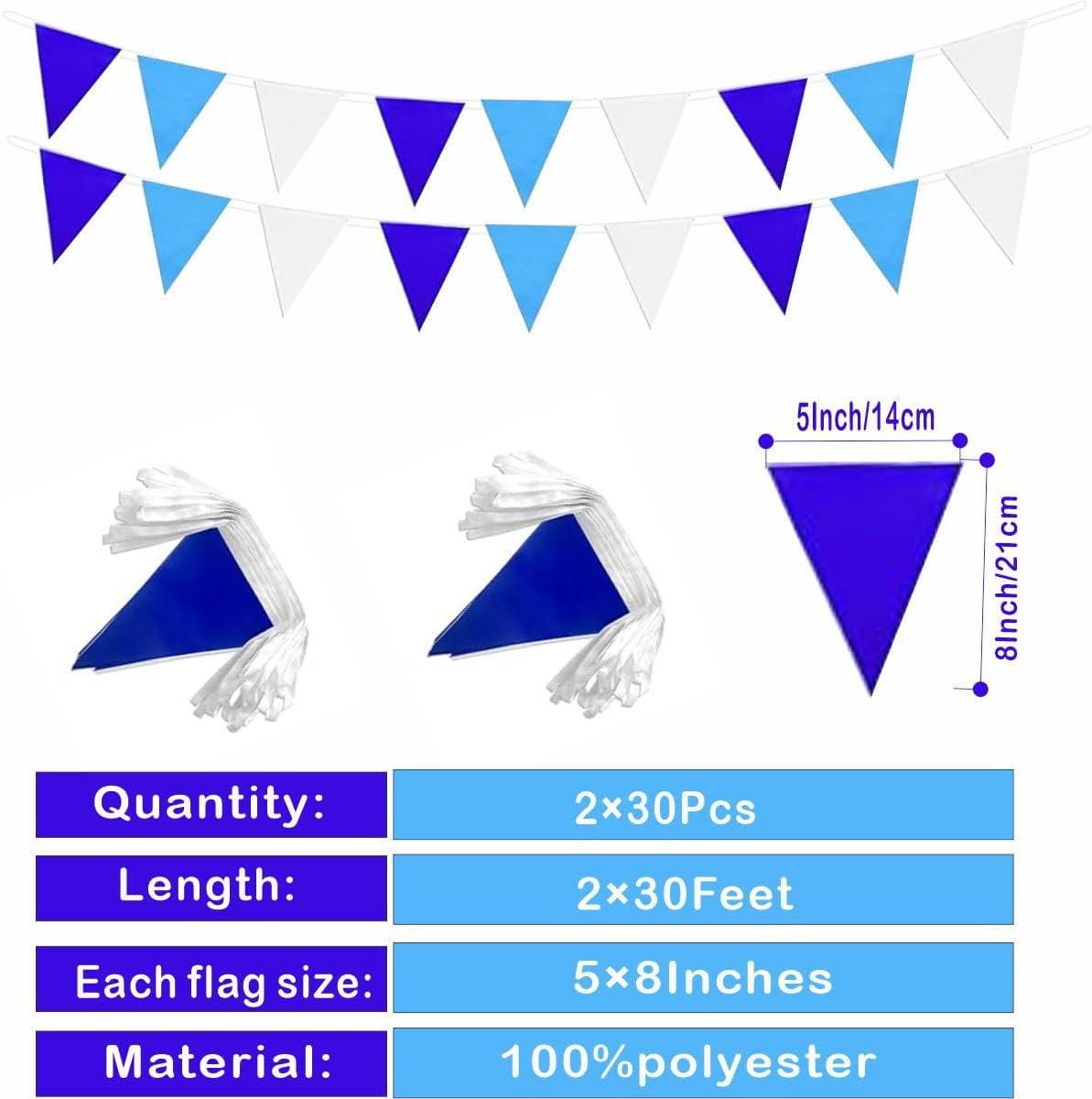 2 Pack Blue White Pennant Banner Flags 60FT Triangle Bunting Garland Party Decorations