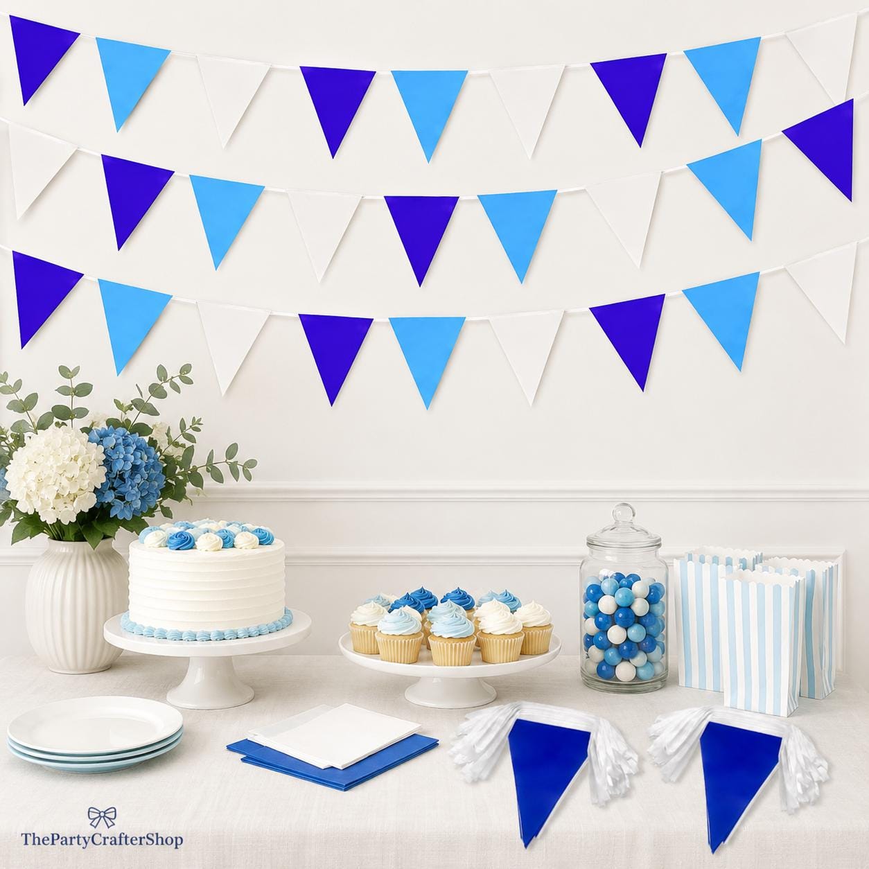 2 Pack Blue White Pennant Banner Flags 60FT Triangle Bunting Garland Party Decorations