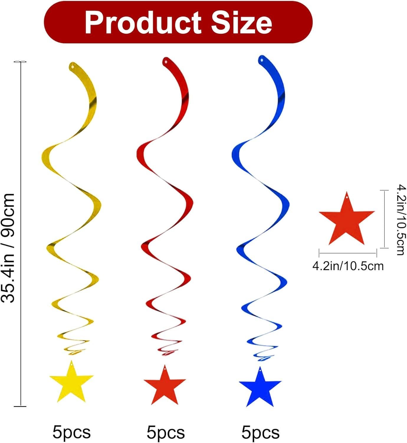 15 Pack Red Blue Gold Star Hanging Swirl Decorations Party Ceiling Decor