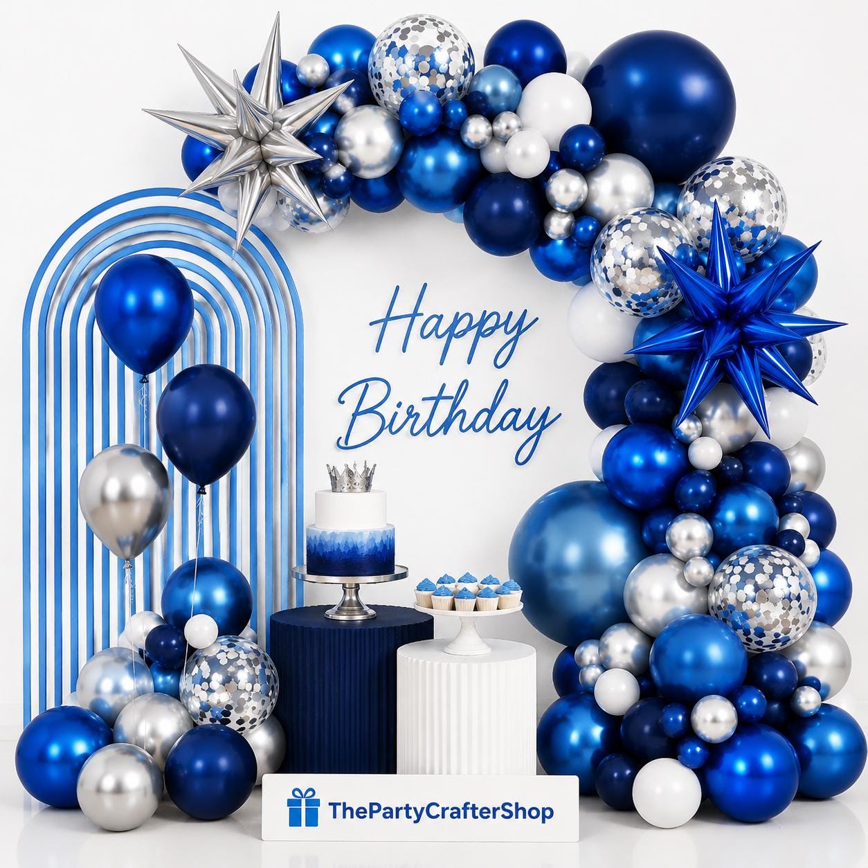 105PCS Blue White Silver Balloon Garland Arch Kit Navy Confetti Star Foil Party Decorations