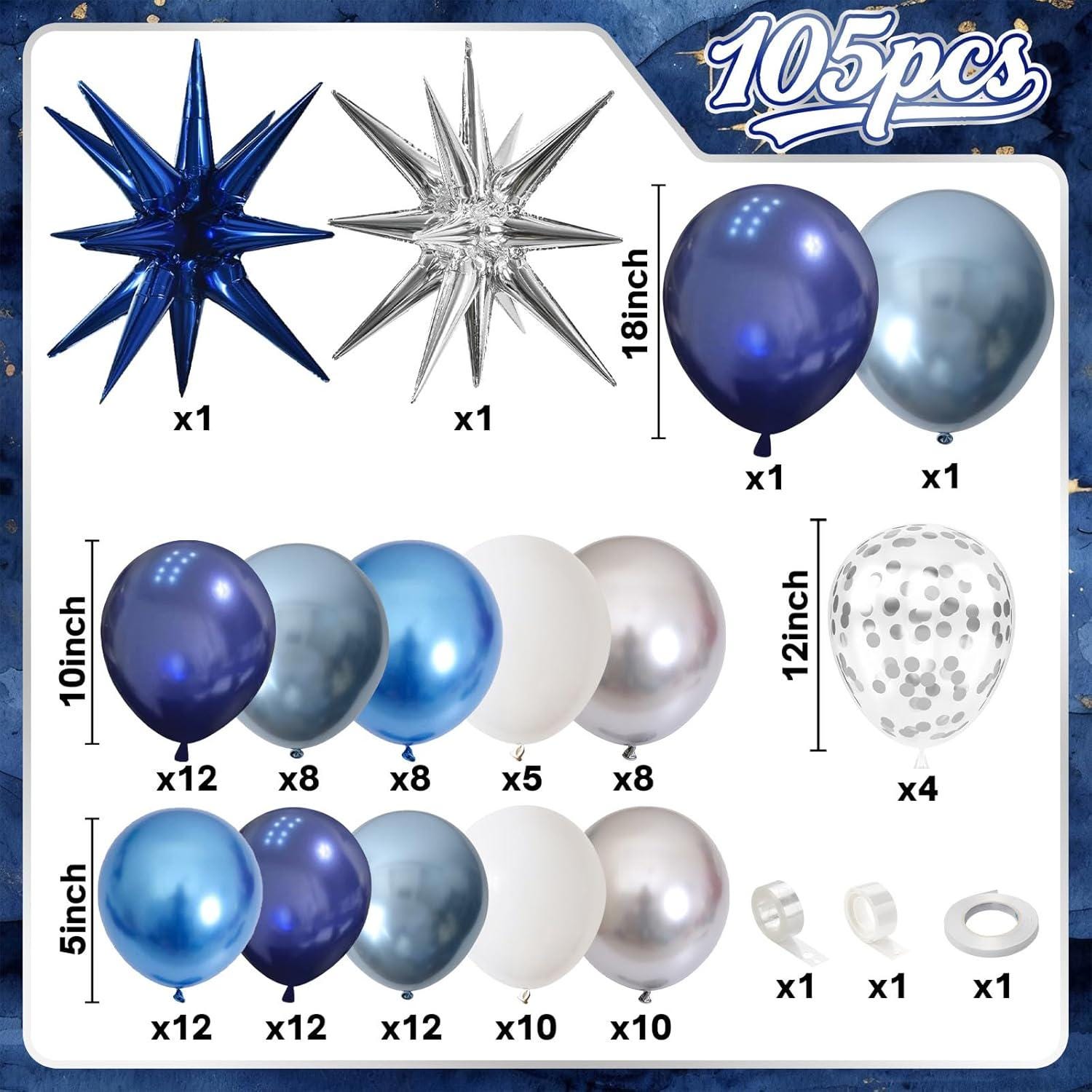 105PCS Blue White Silver Balloon Garland Arch Kit Navy Confetti Star Foil Party Decorations