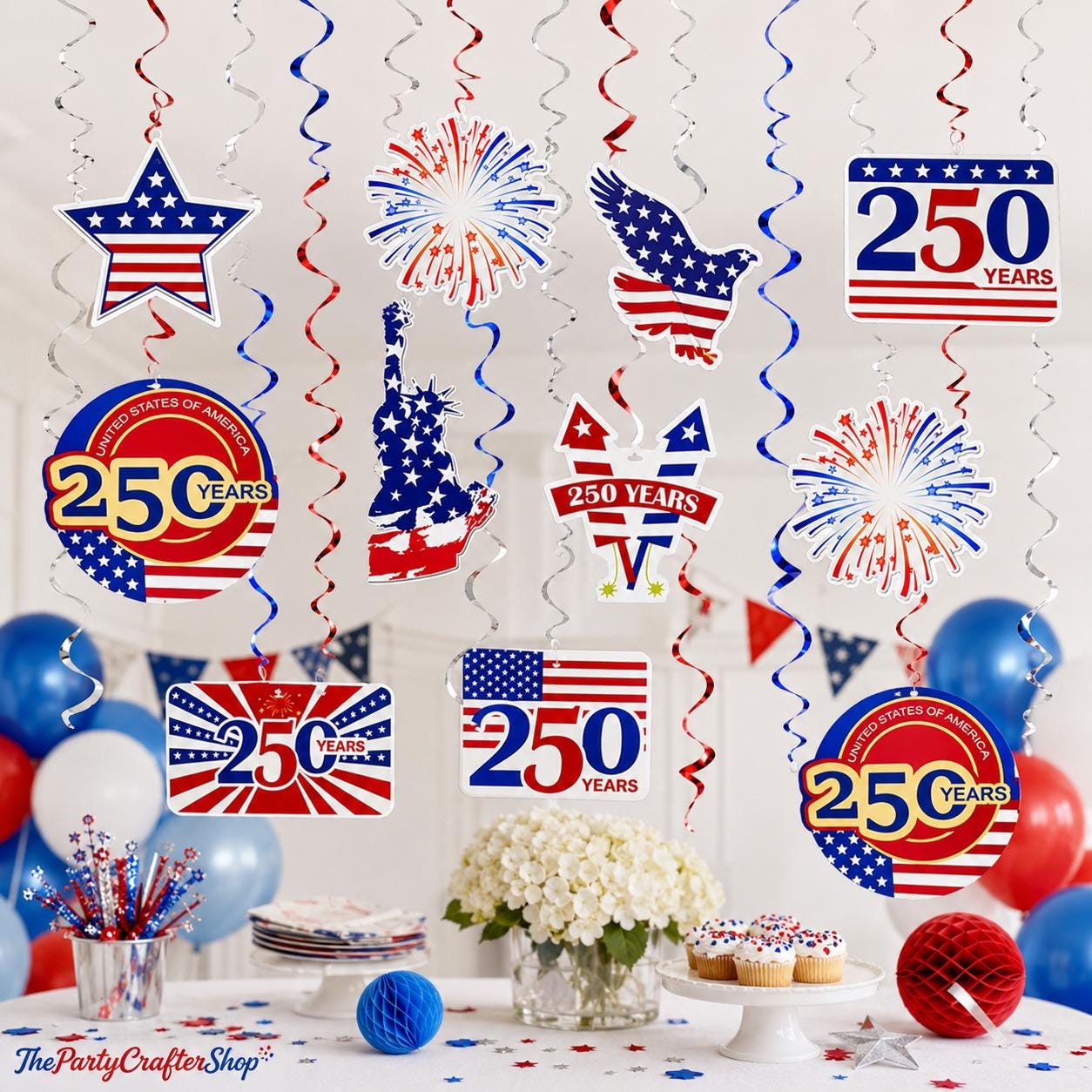 30PCS USA 250th Anniversary Hanging Swirl Decorations Patriotic 4th of July Party Supplies