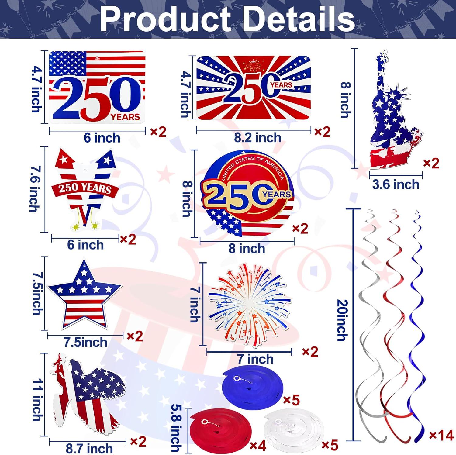 30PCS USA 250th Anniversary Hanging Swirl Decorations Patriotic 4th of July Party Supplies