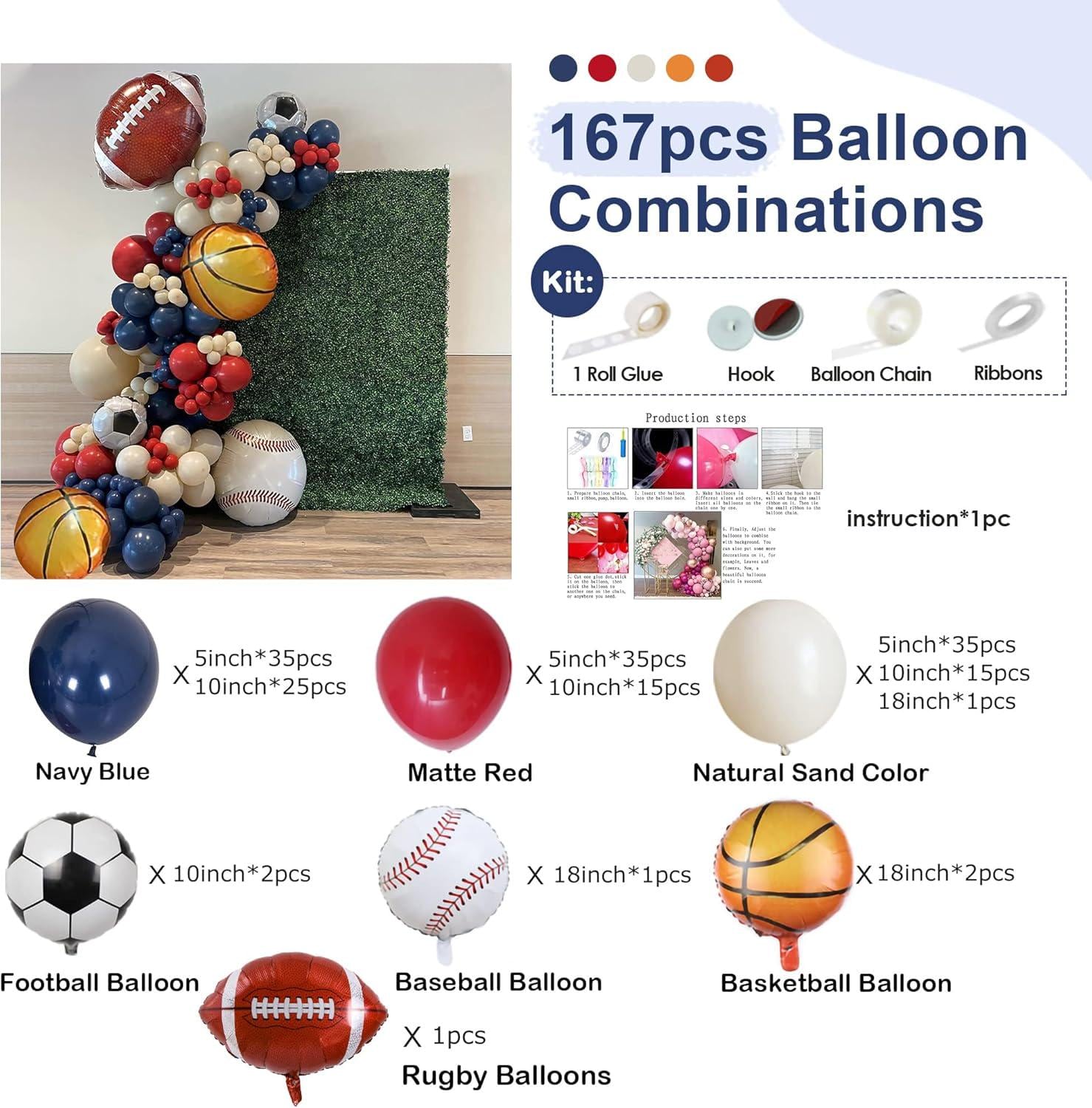 Sports Theme Balloon Arch Kit: Navy, Red, Sand Colors for Parties