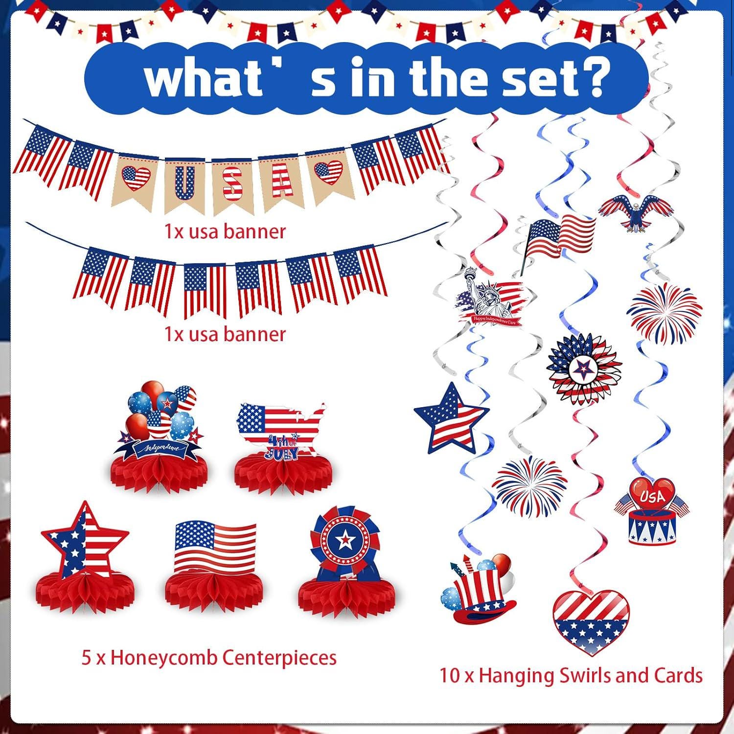 27PCS Patriotic Party Decoration Set American Flag Banner Hanging Swirls & Centerpieces