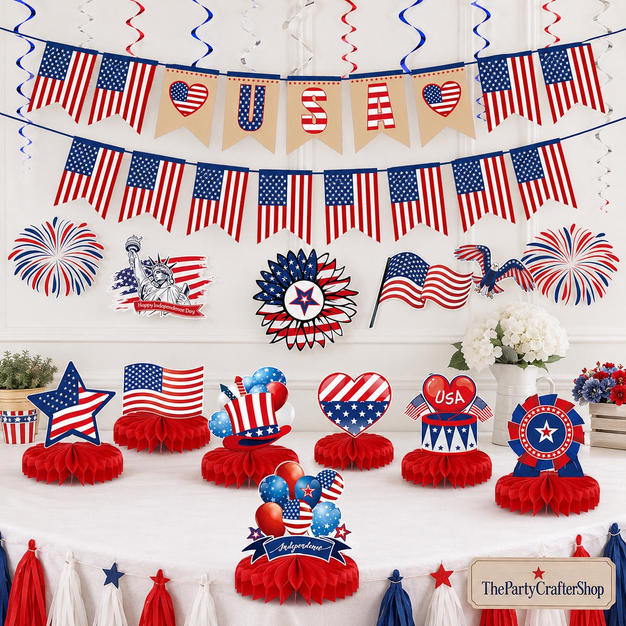 27PCS Patriotic Party Decoration Set American Flag Banner Hanging Swirls & Centerpieces