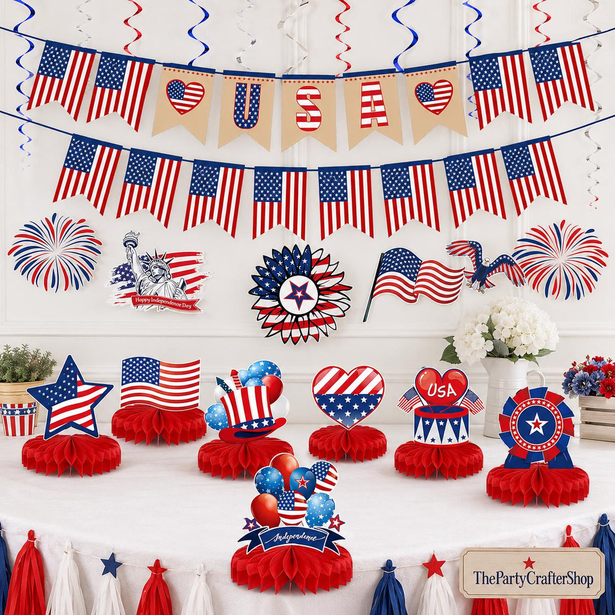 27PCS Patriotic Party Decoration Set American Flag Banner Hanging Swirls & Centerpieces