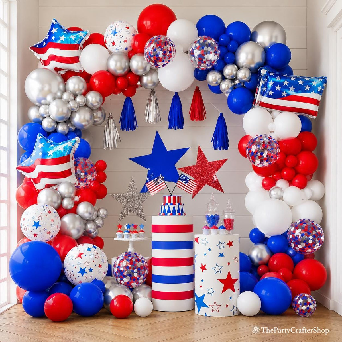 Patriotic Balloon Garland Kit: Red, White, Blue, Flag, Star Balloons (4th of July)