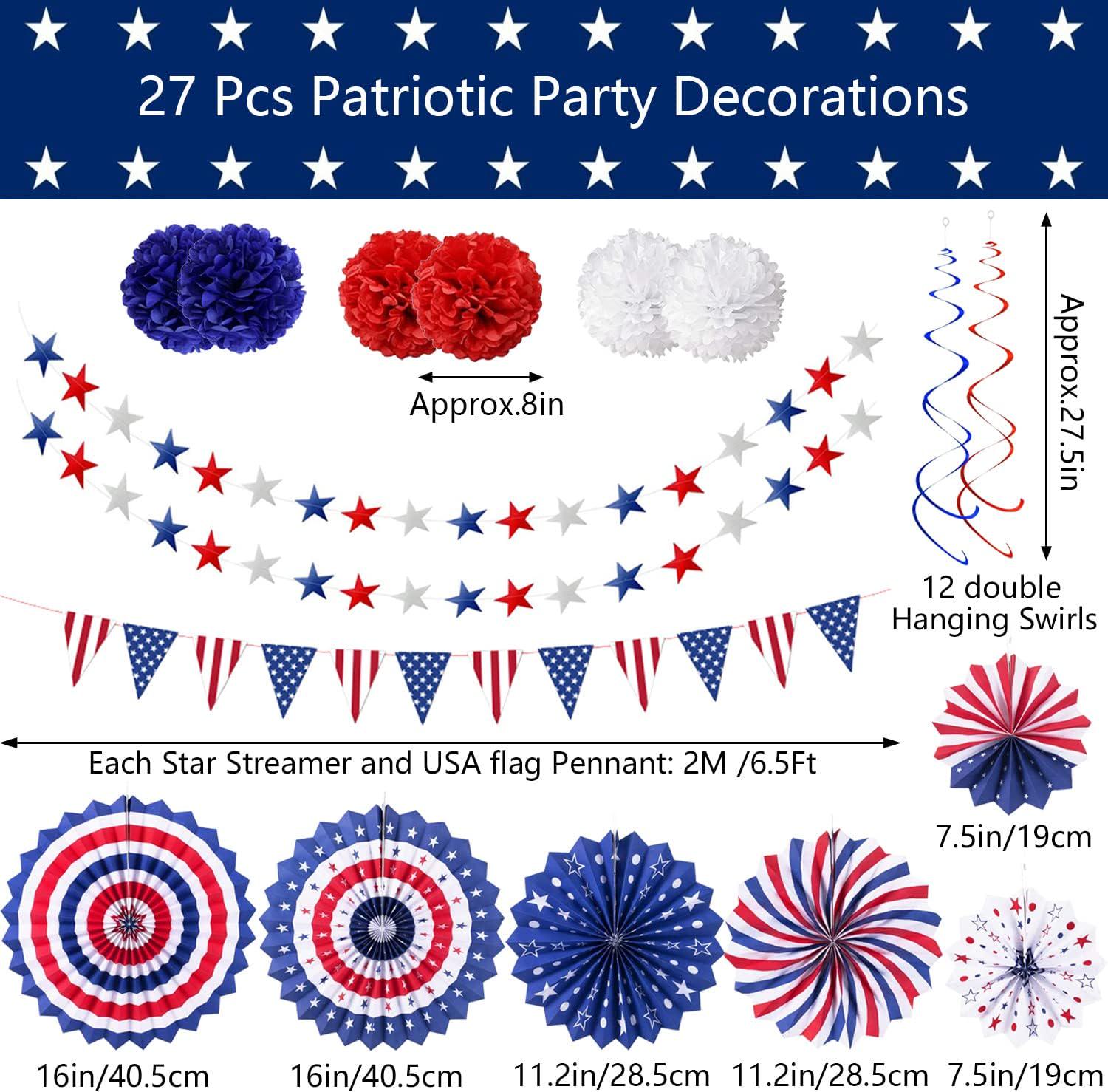 27PCS Patriotic Party Decoration Set USA Flag Banner Paper Fans Flower Balls & Swirls
