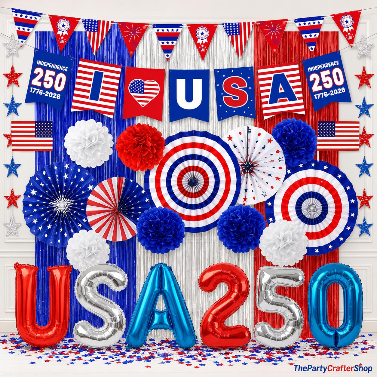30PCS 250th Anniversary Patriotic Party Decoration Kit USA Banner Fans Pompoms & Fringe Curtain