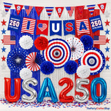 30PCS 250th Anniversary Patriotic Party Decoration Kit USA Banner Fans Pompoms & Fringe Curtain