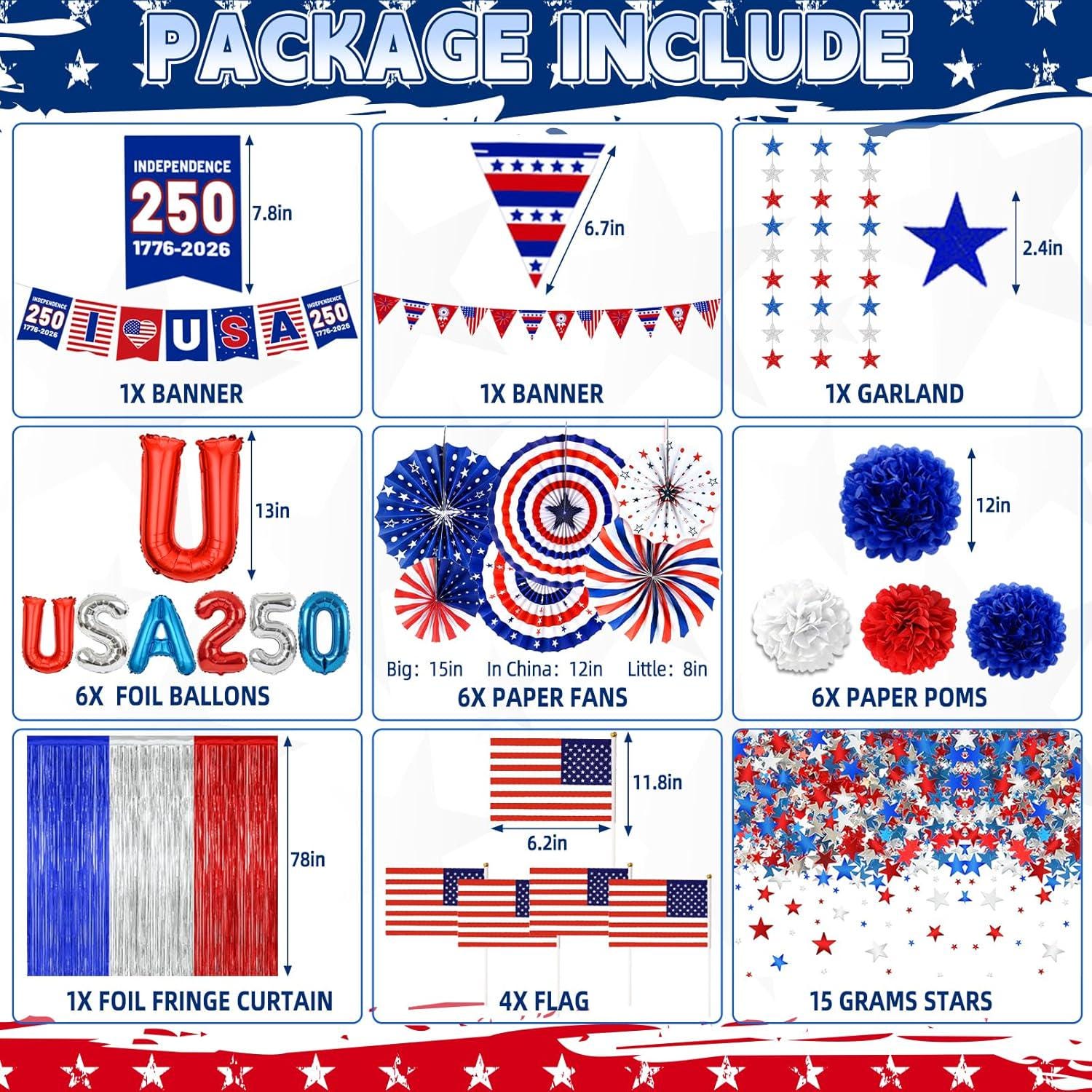 30PCS 250th Anniversary Patriotic Party Decoration Kit USA Banner Fans Pompoms & Fringe Curtain