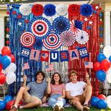 30PCS 250th Anniversary Patriotic Party Decoration Kit USA Banner Fans Pompoms & Fringe Curtain