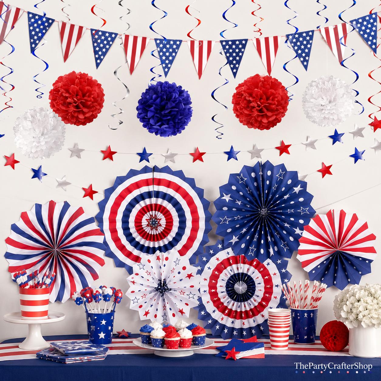 27PCS Patriotic Party Decoration Set USA Flag Banner Paper Fans Flower Balls & Swirls