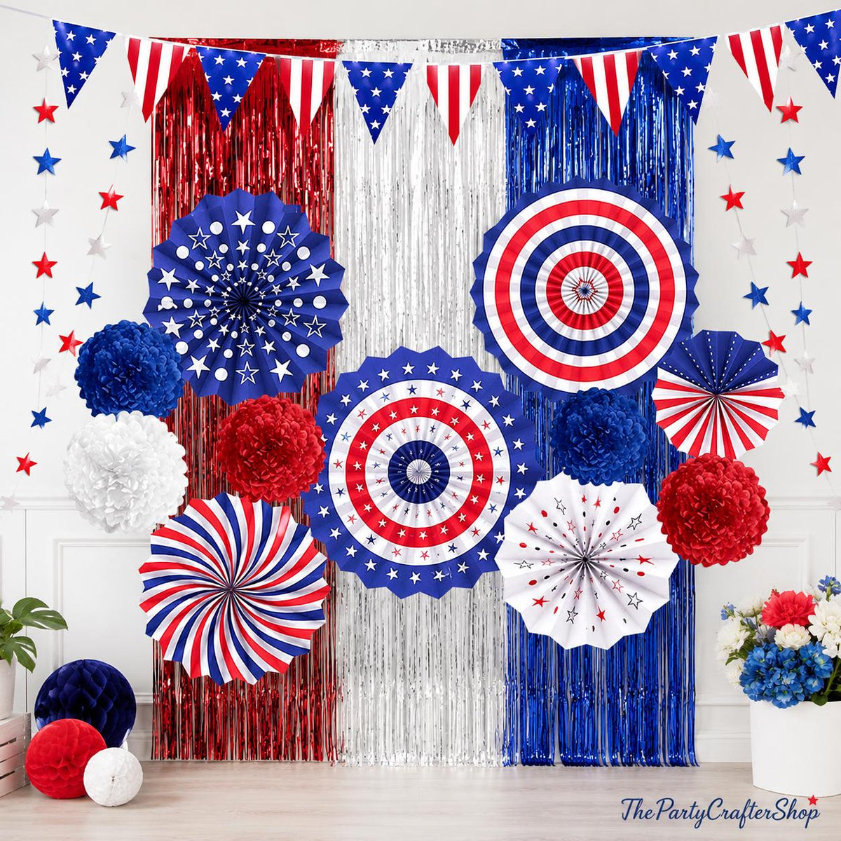Patriotic Party Decoration Kit USA Flag Banner Paper Fans Star Streamers & Fringe Curtain