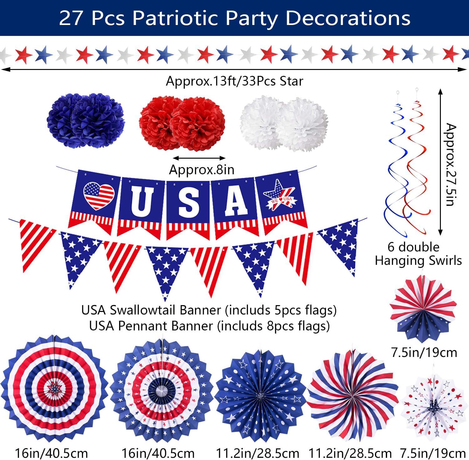 27PCS Patriotic Party Decoration Set USA Flags Paper Fans Flower Balls & Hanging Swirls