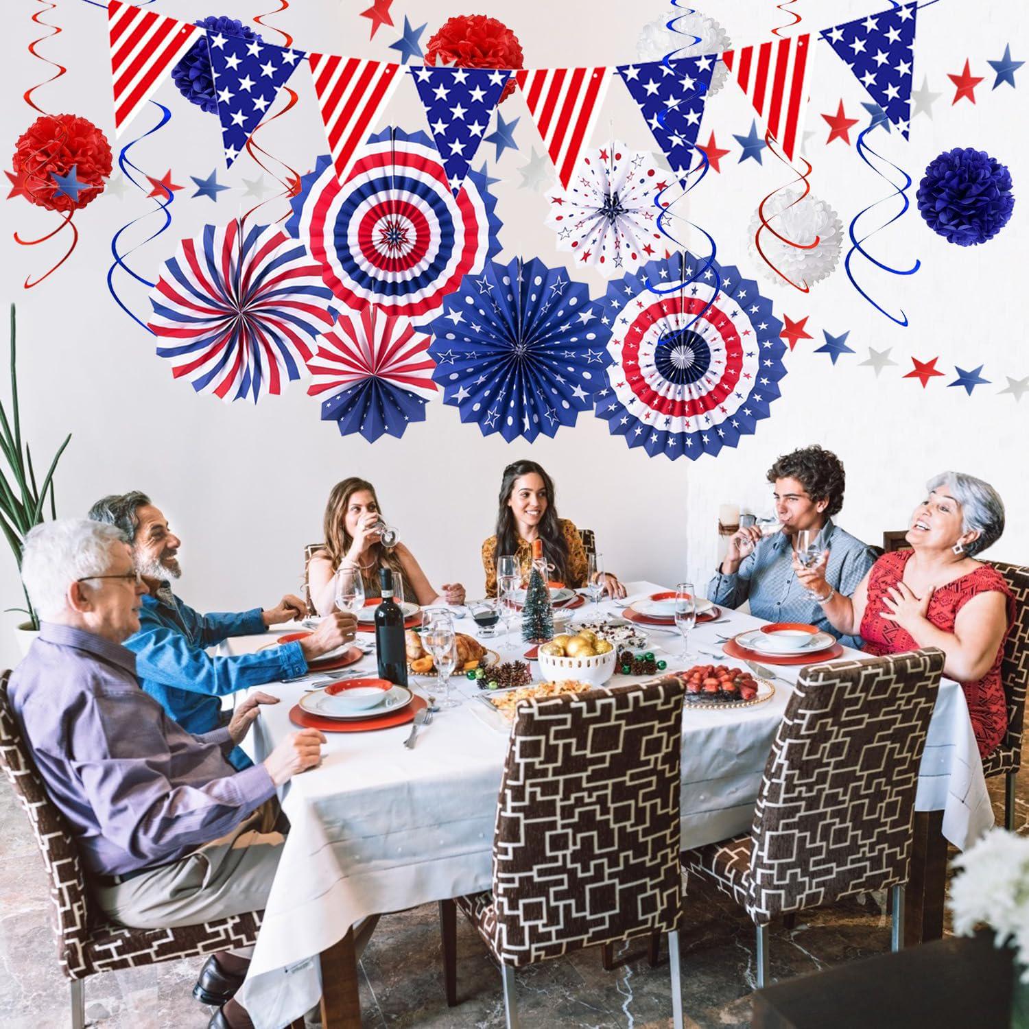 27PCS Patriotic Party Decoration Set USA Flags Paper Fans Flower Balls & Hanging Swirls