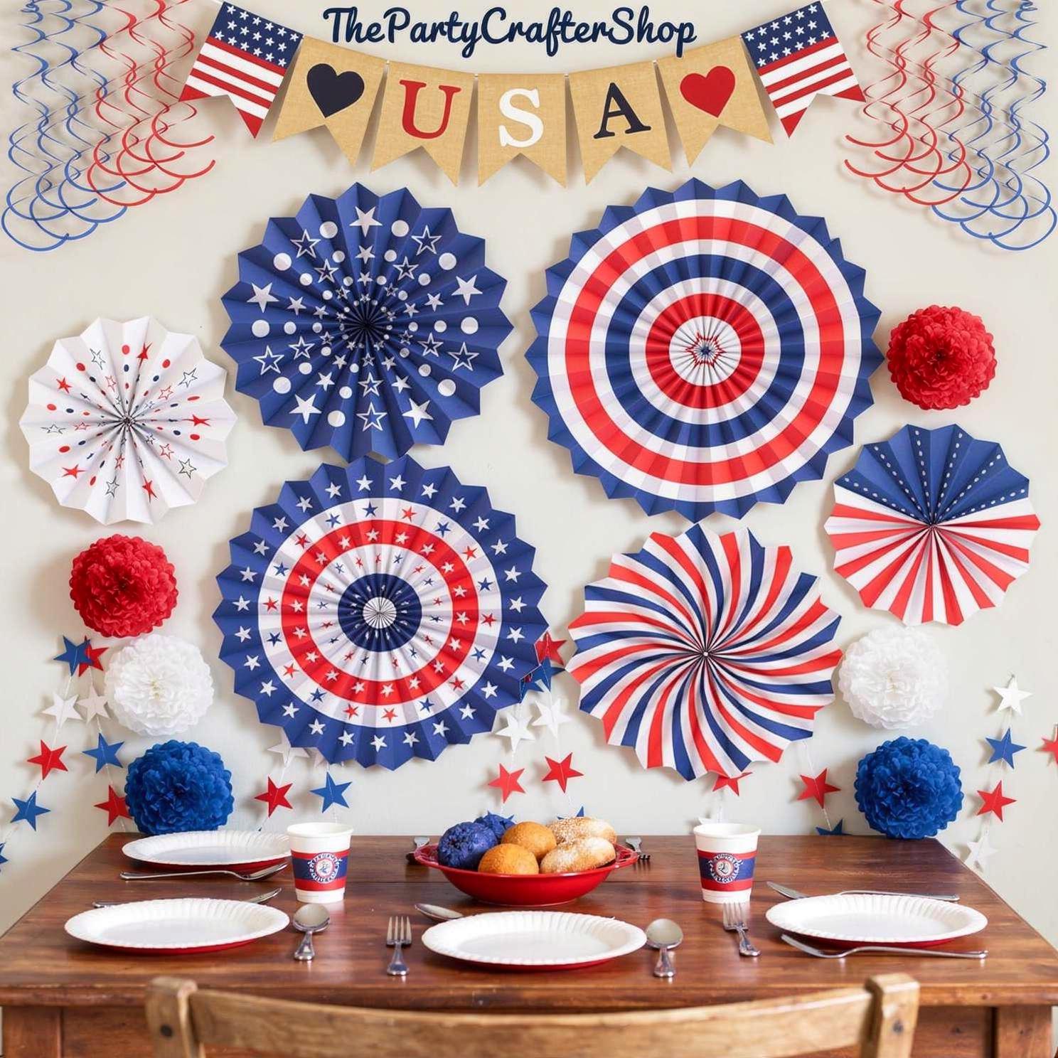 Patriotic Love USA Party Decoration Kit Paper Fans Pom Poms Star Streamers & Swirls