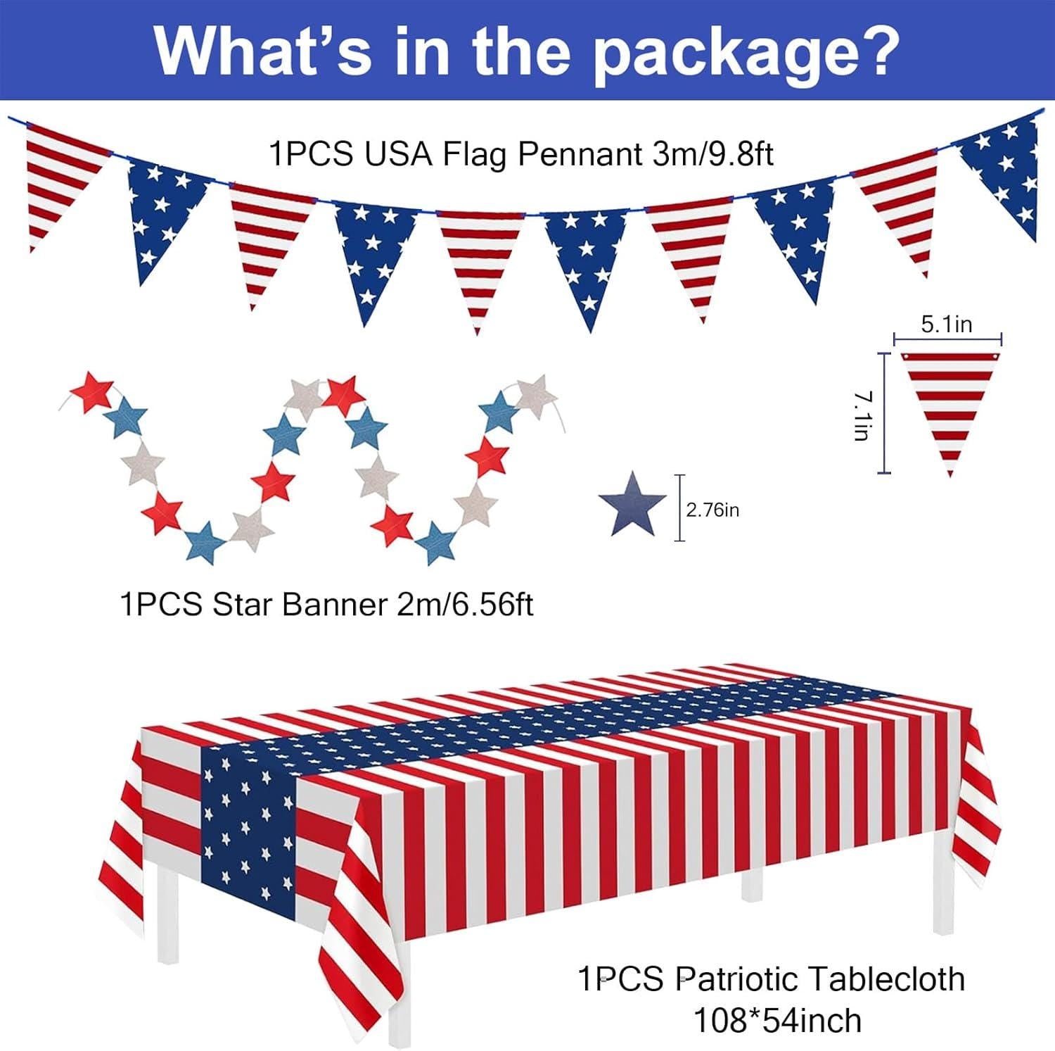 9PCS Patriotic Party Decoration Set Paper Fans USA Pennant Banner Star Streamers & Tablecloth