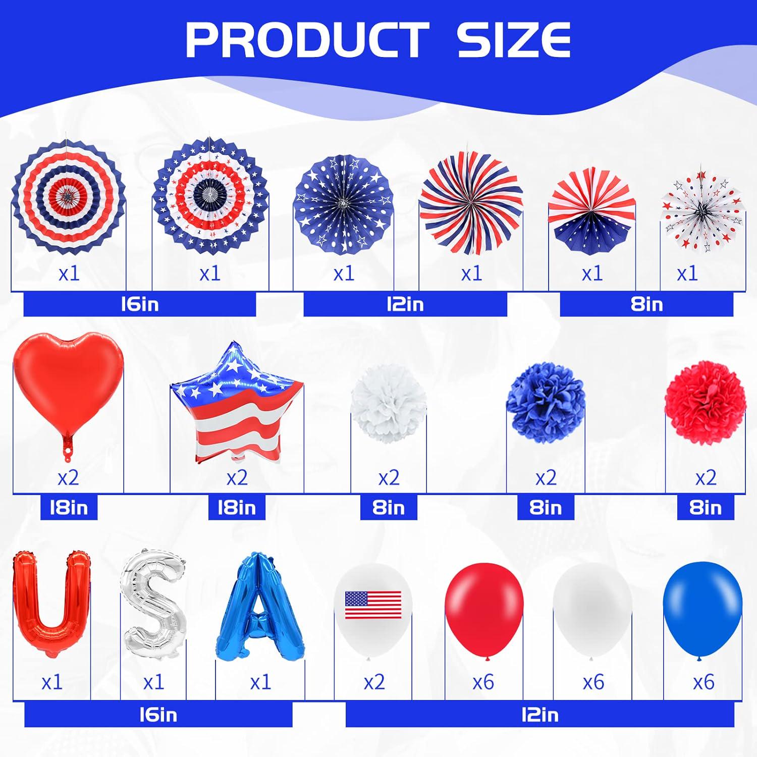 52PCS Patriotic Party Decoration Set Paper Fans Balloons Pom Poms Swirls & American Flag Decor