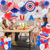 52PCS Patriotic Party Decoration Set Paper Fans Balloons Pom Poms Swirls & American Flag Decor