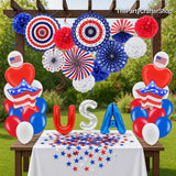 52PCS Patriotic Party Decoration Set Paper Fans Balloons Pom Poms Swirls & American Flag Decor