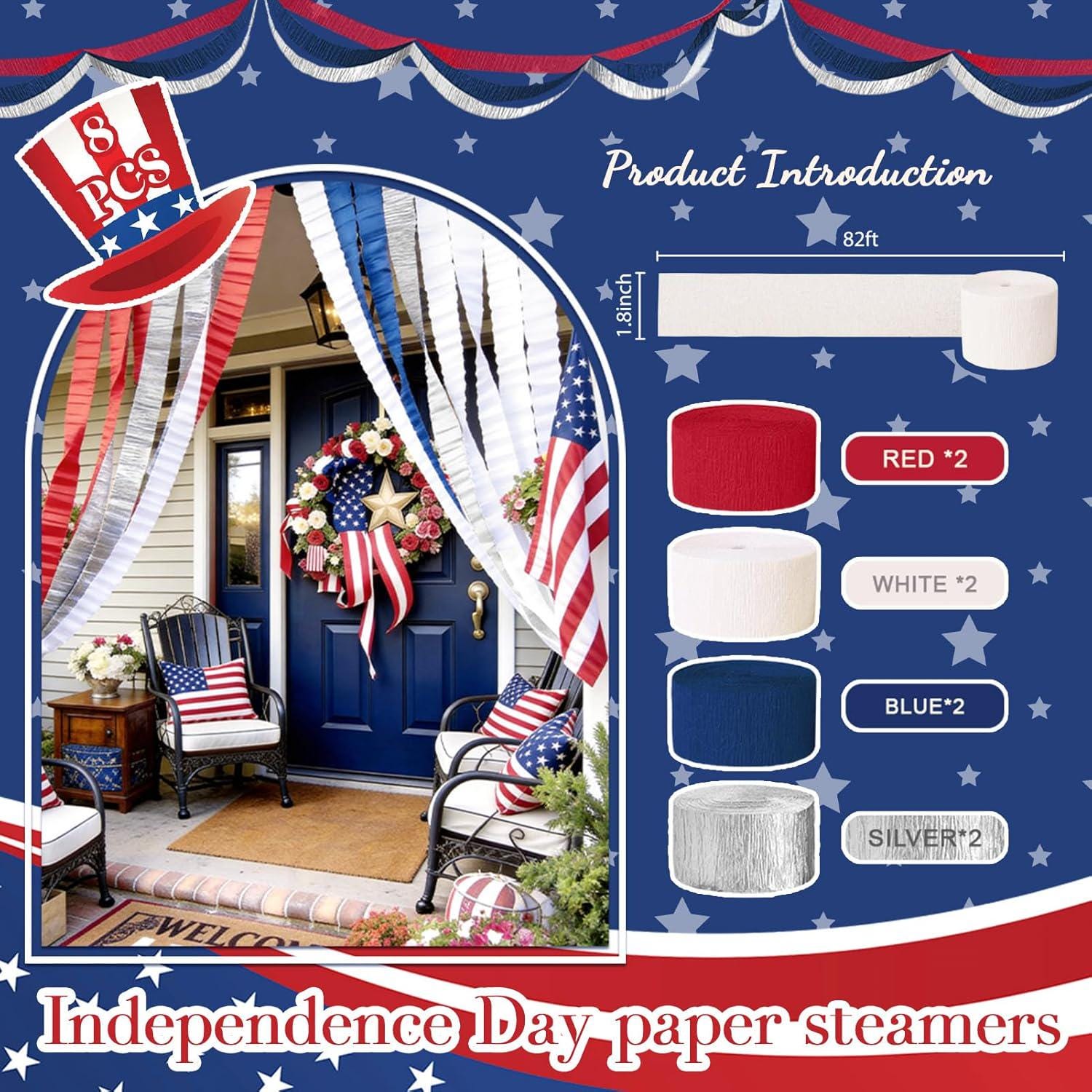 8 Rolls Patriotic Crepe Paper Streamers Red White Blue 250th Anniversary Party Decorations
