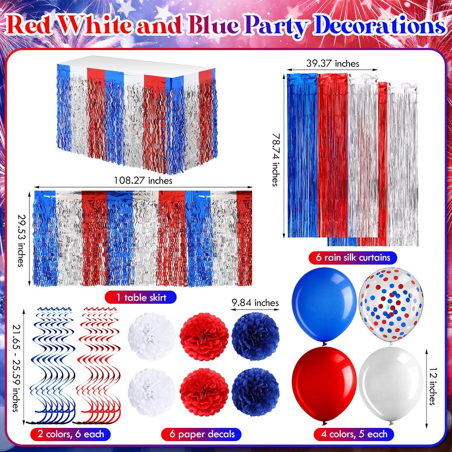 47PCS Patriotic Party Decoration Kit Banner Pom Poms Balloons Table Skirt & Streamers
