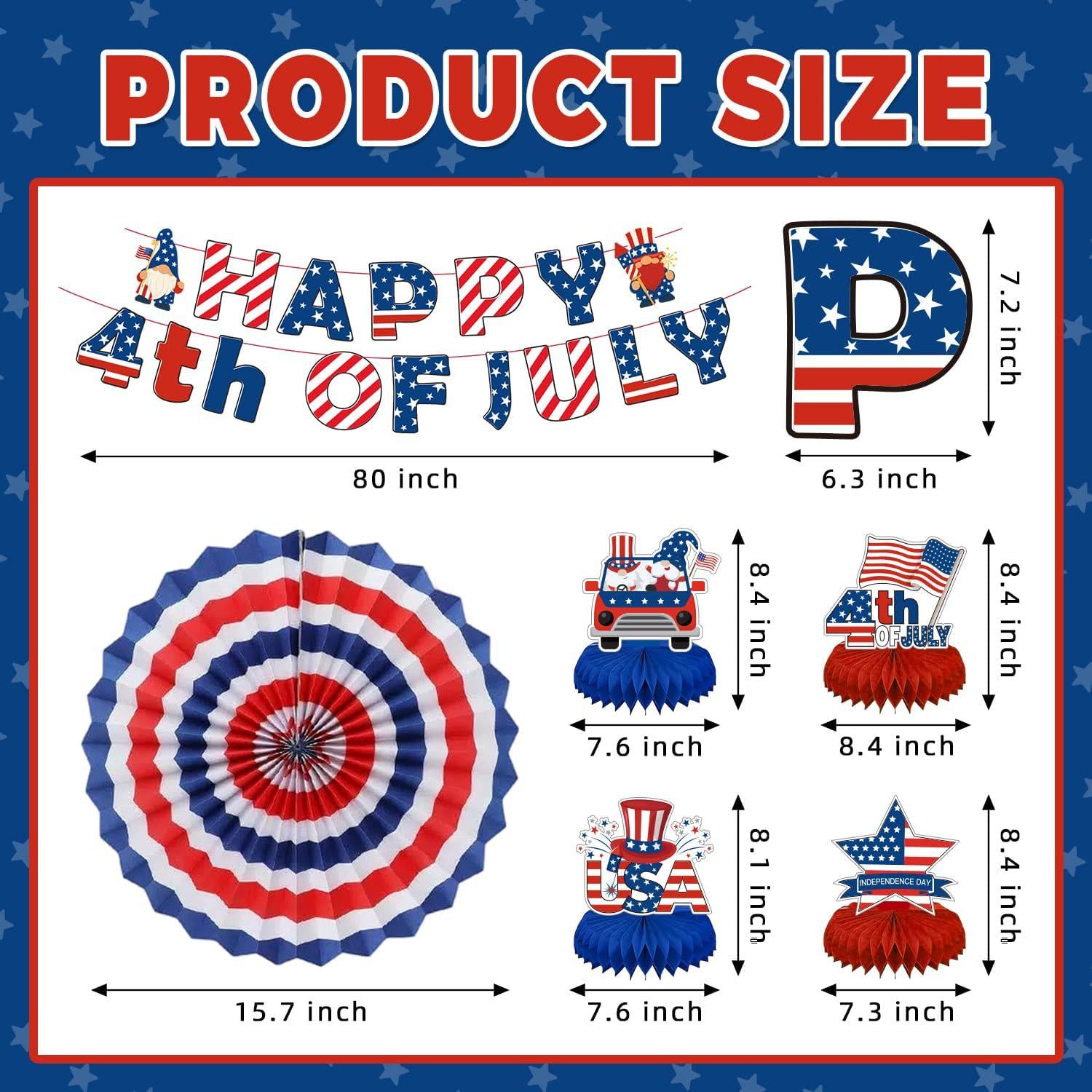 Patriotic 4th of July Decoration Set Banner Paper Fans Hanging Swirls & Honeycomb Centerpieces
