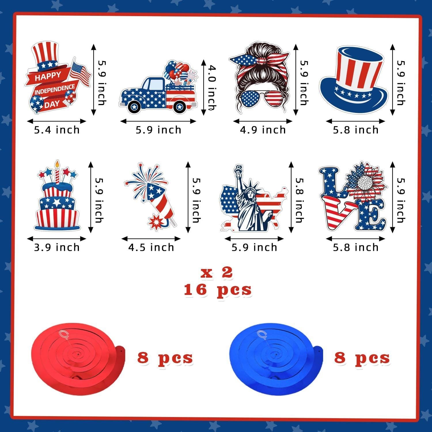 Patriotic 4th of July Decoration Set Banner Paper Fans Hanging Swirls & Honeycomb Centerpieces