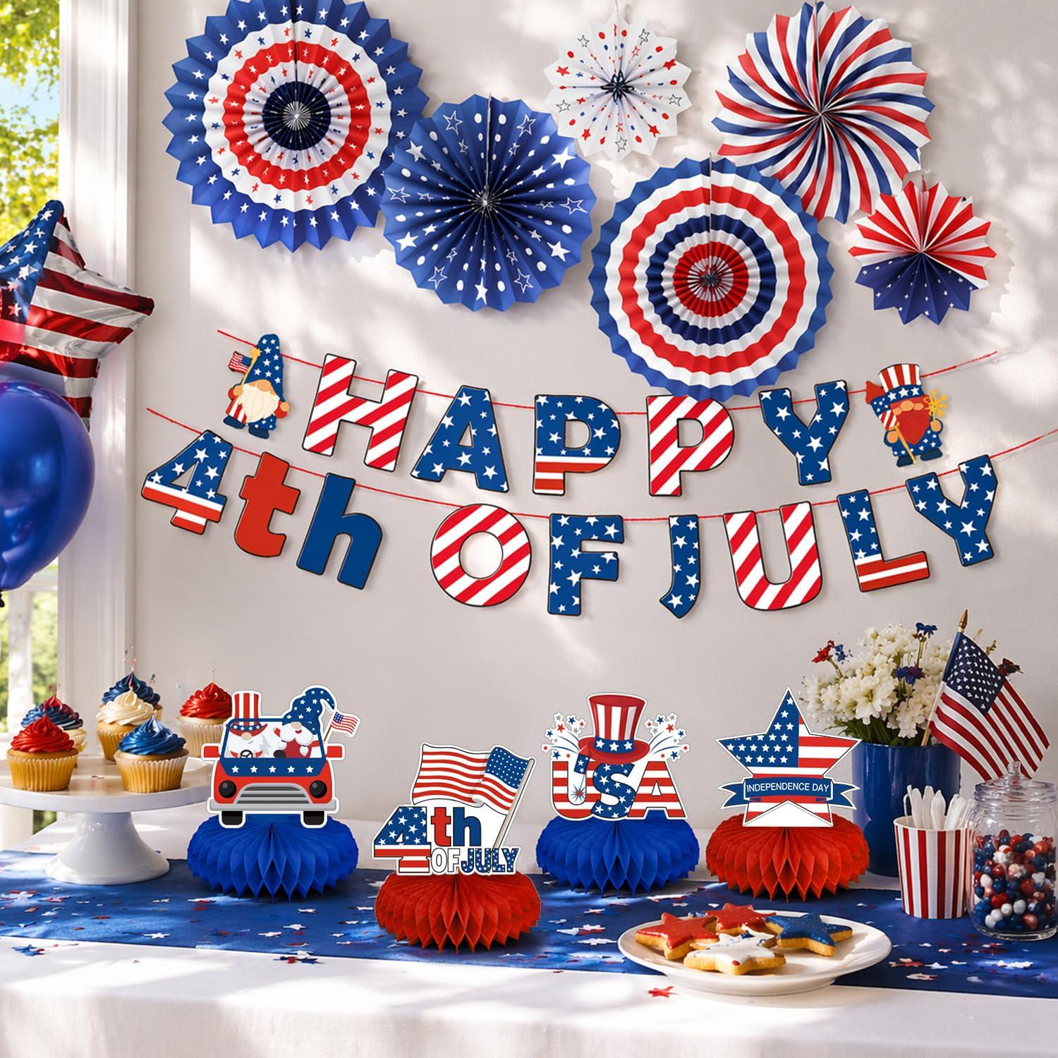 Patriotic 4th of July Decoration Set Banner Paper Fans Hanging Swirls & Honeycomb Centerpieces
