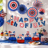 Patriotic 4th of July Decoration Set Banner Paper Fans Hanging Swirls & Honeycomb Centerpieces