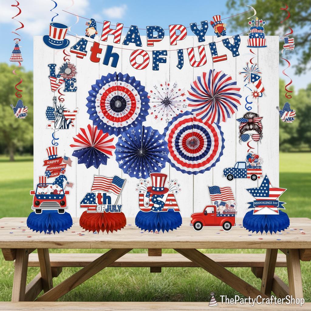 Patriotic 4th of July Decoration Set Banner Paper Fans Hanging Swirls & Honeycomb Centerpieces